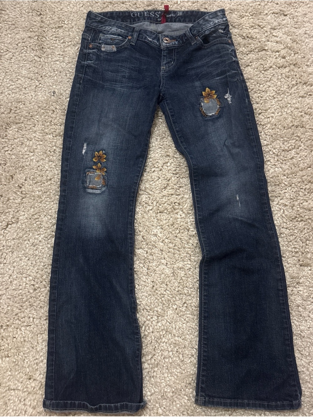 GUESS Dark Blue low waisted Bootcut Jeans with Gold Floral Embroidery